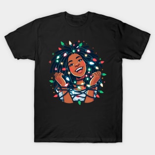 Locs Christmas Lights Black Woman T-Shirt